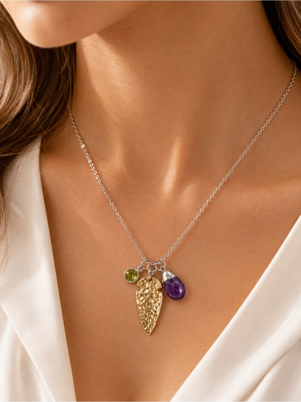 Natural Stone Genuine Amethyst Quartz Necklace Silver Plated Arrowhead Crystal